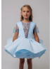 Short Sleeves Beaded Blue Satin Flower Girl Dress